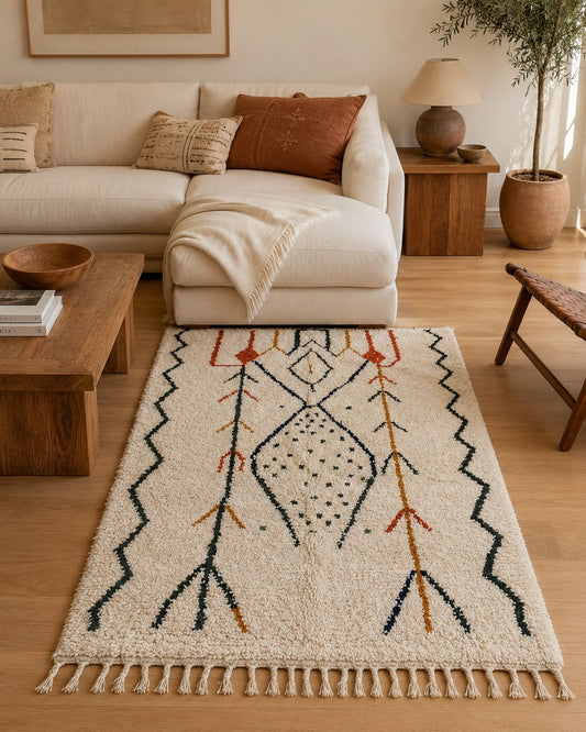 The abstract ivory Moroccan Berber rug styled on a hardwood floor under a modern bohemian living room layout.