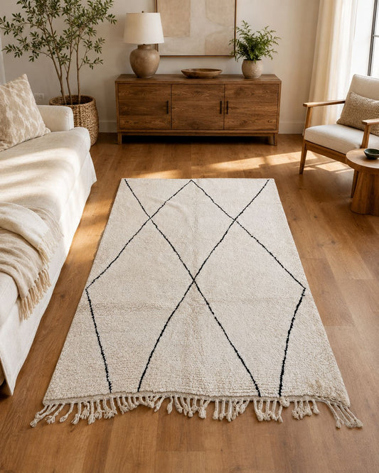 Ivory and black Moroccan rug styled in a warm minimalist living room.