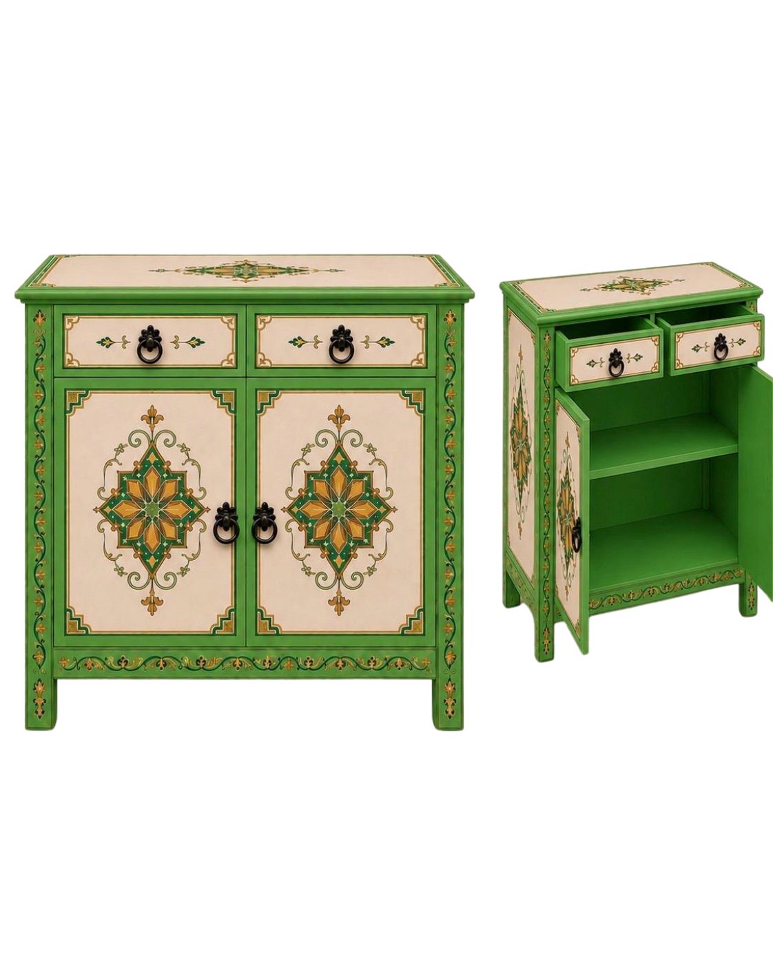 wooden Moroccan sideboard with hand-painted floral details
