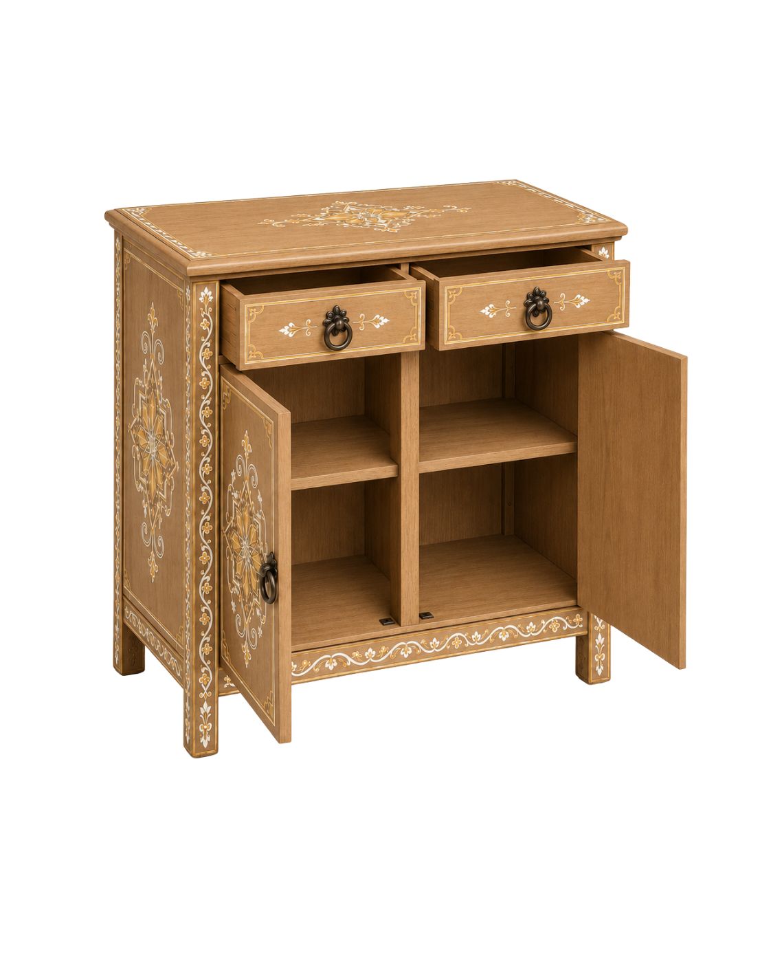 Wooden cabinet with decorative patterns on a white background