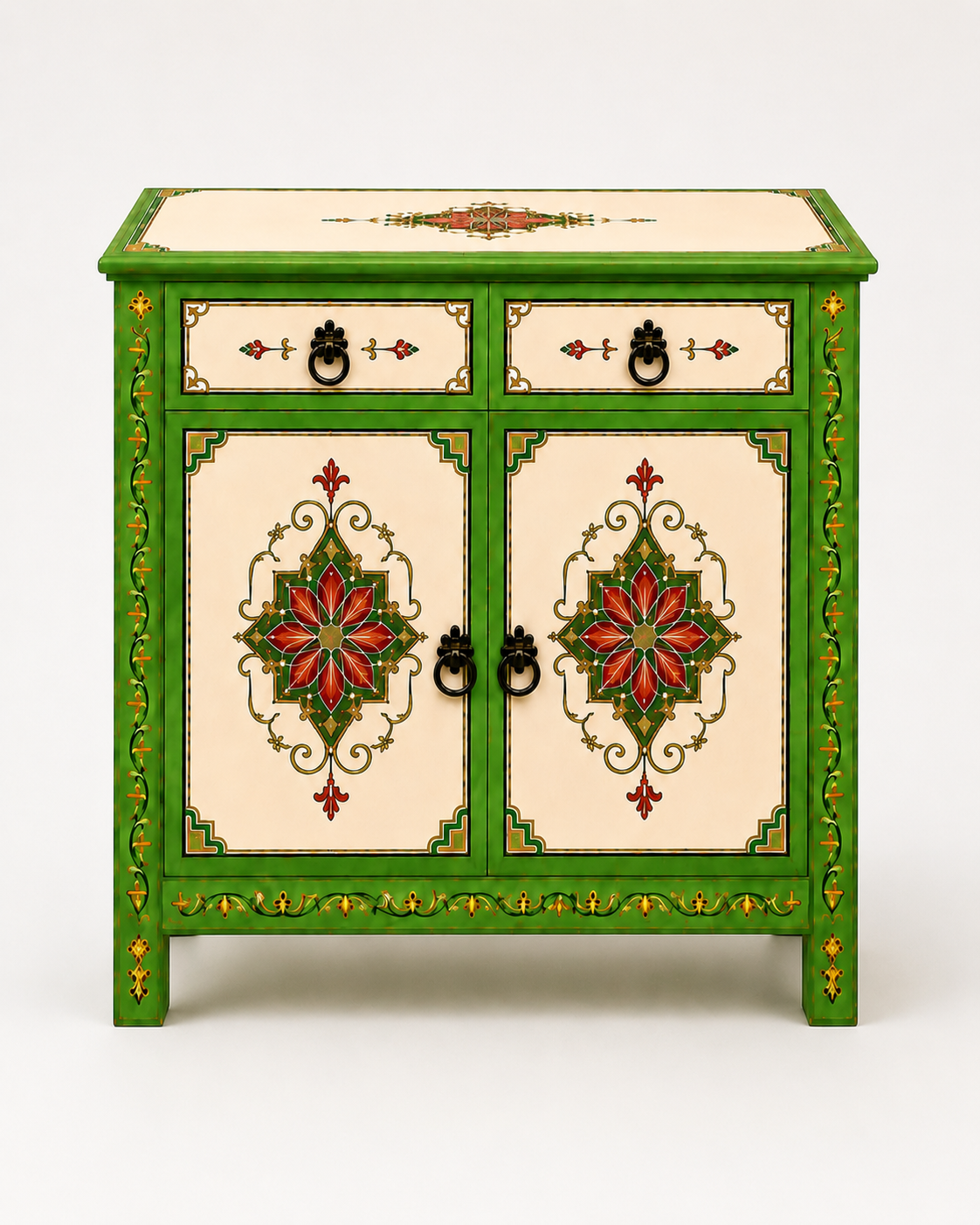 Hand-Painted Green Moroccan Sideboard with Red Floral Motifs