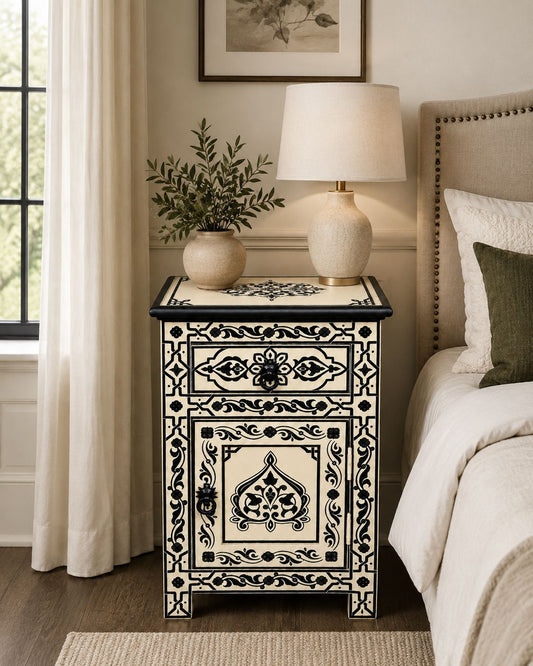 Handmade Moroccan bedside cabinet with black floral patterns