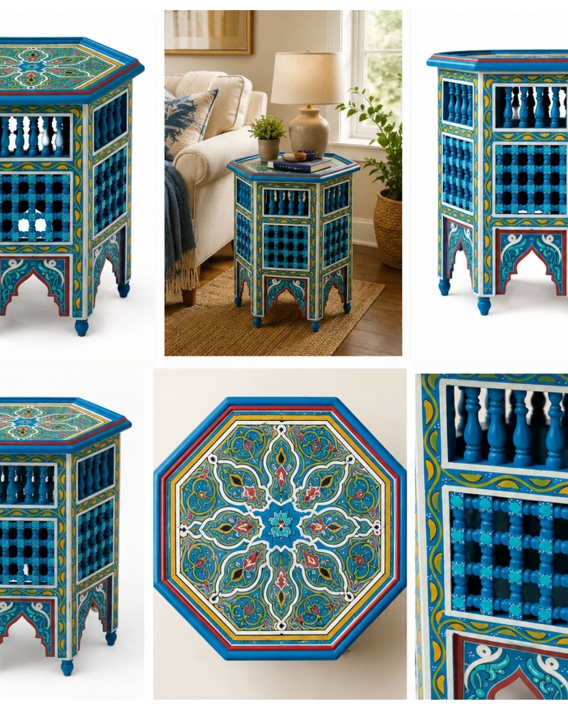 Handmade Moroccan furniture colorful octagonal accent table for bohemian living room decor.
