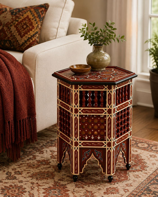 Deep burgundy Moroccan hand-painted side table with elegant geometric details.
