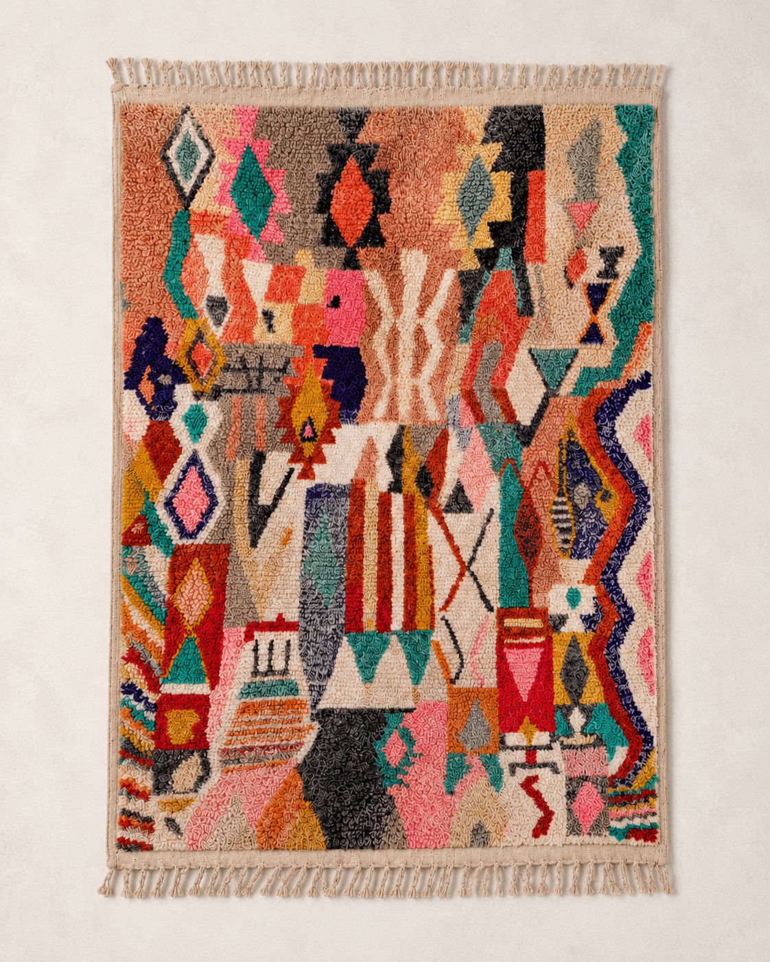 Hand-finished fringe detail on a handmade Moroccan wool rug.