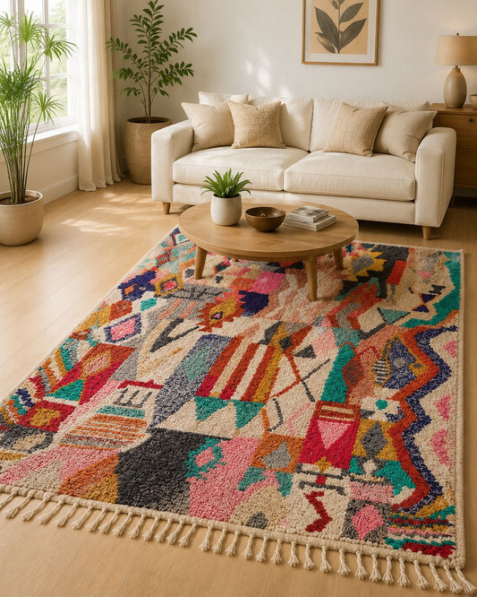Handmade Moroccan wool rug adding vibrant artisan style to a modern living room.
