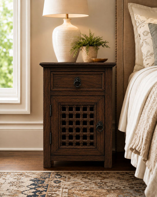 Handmade dark wood bedside table with black metal ring pulls