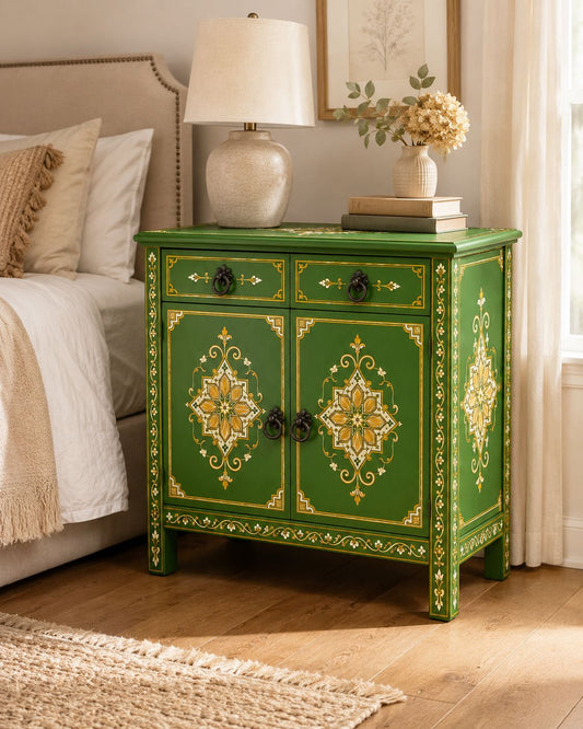 Emerald-green Moroccan wooden cabinet with gold artisan patterns