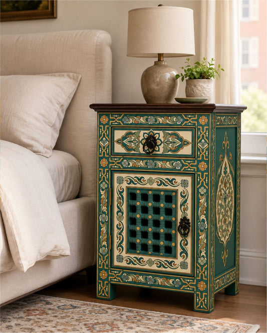 Green and gold boho nightstand beside bed with lamp and plant decor