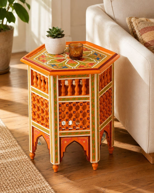 KasbaSouk orange bohemian accent table handcrafted by master artisans in Morocco.