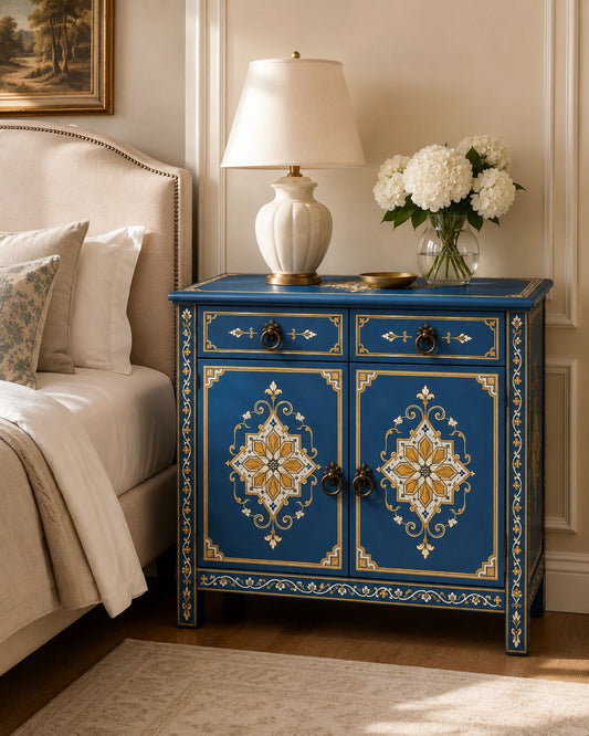 Blue Moroccan wooden nightstand with gold and cream artisan patterns