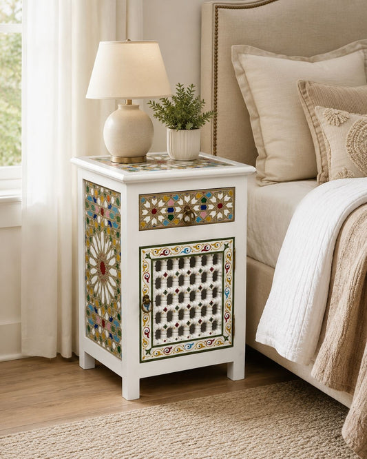 Handmade Moroccan bedside table with drawer and lattice cabinet door