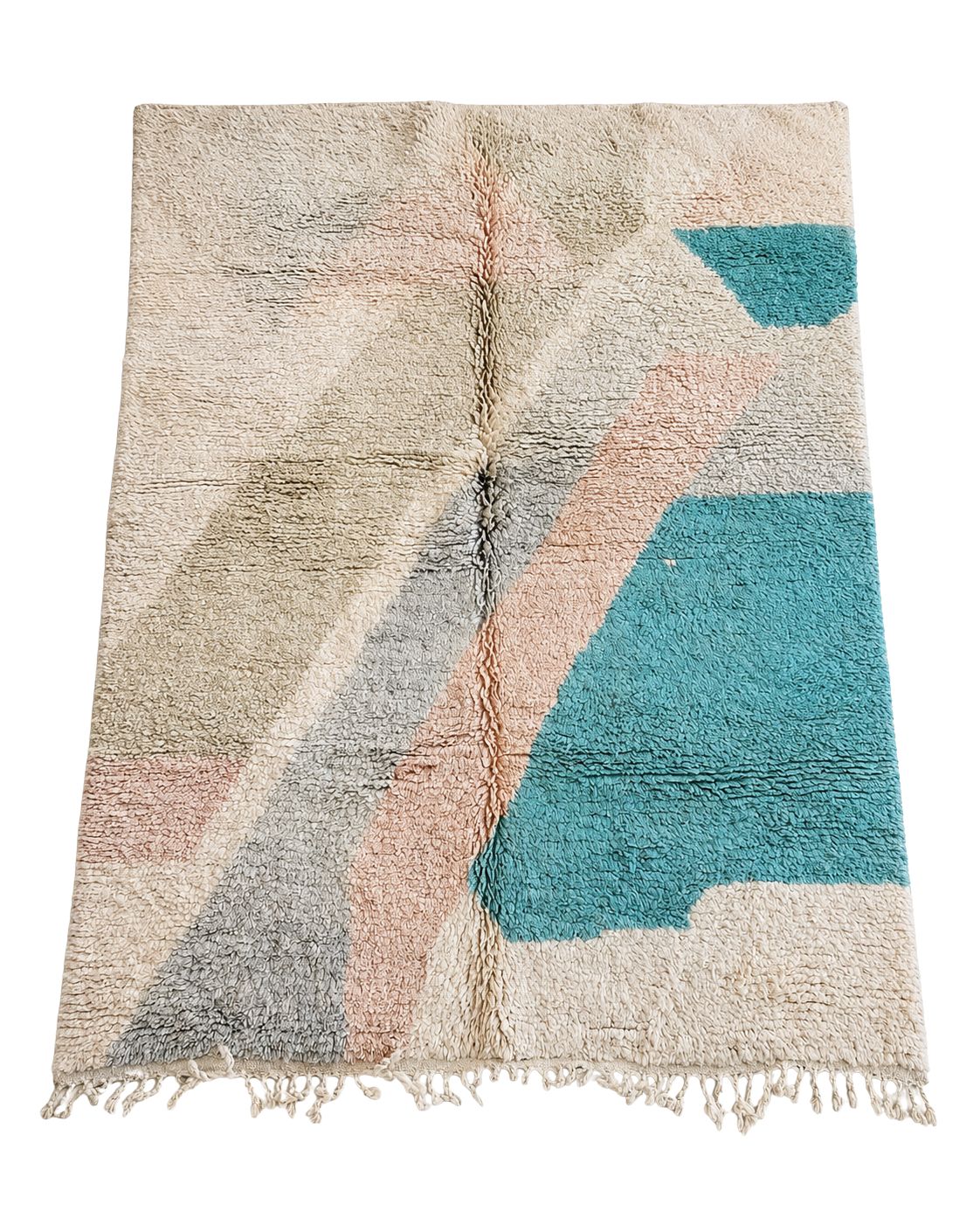 Handmade Moroccan wool rug with cream, teal, blush pink and gray abstract shapes. 