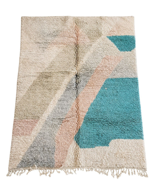 Handmade Moroccan wool rug with cream, teal, blush pink and gray abstract shapes. 