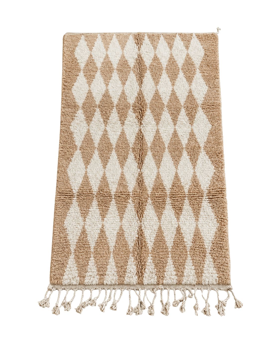 Beige and ivory handmade Moroccan wool rug with a repeating diamond pattern. 