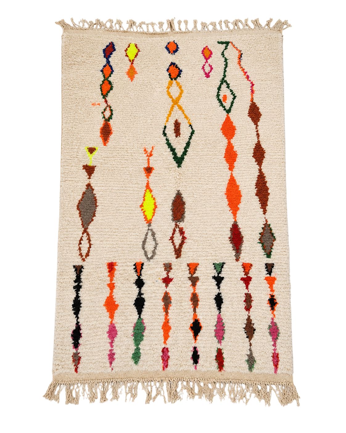 Cream handmade Moroccan rug with colorful abstract motifs and tassel fringe. 