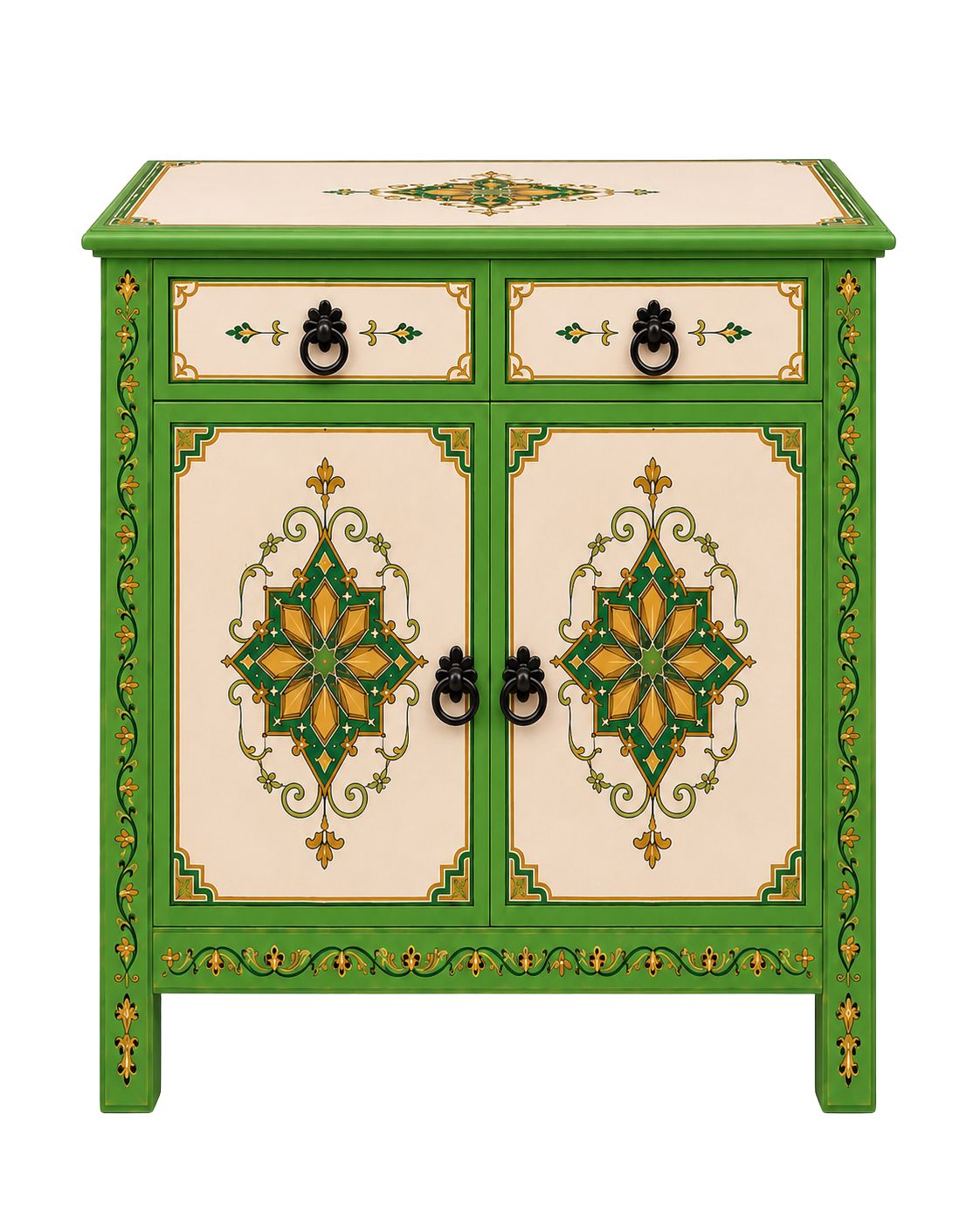 Hand-painted green Moroccan sideboard with cream cabinet doors