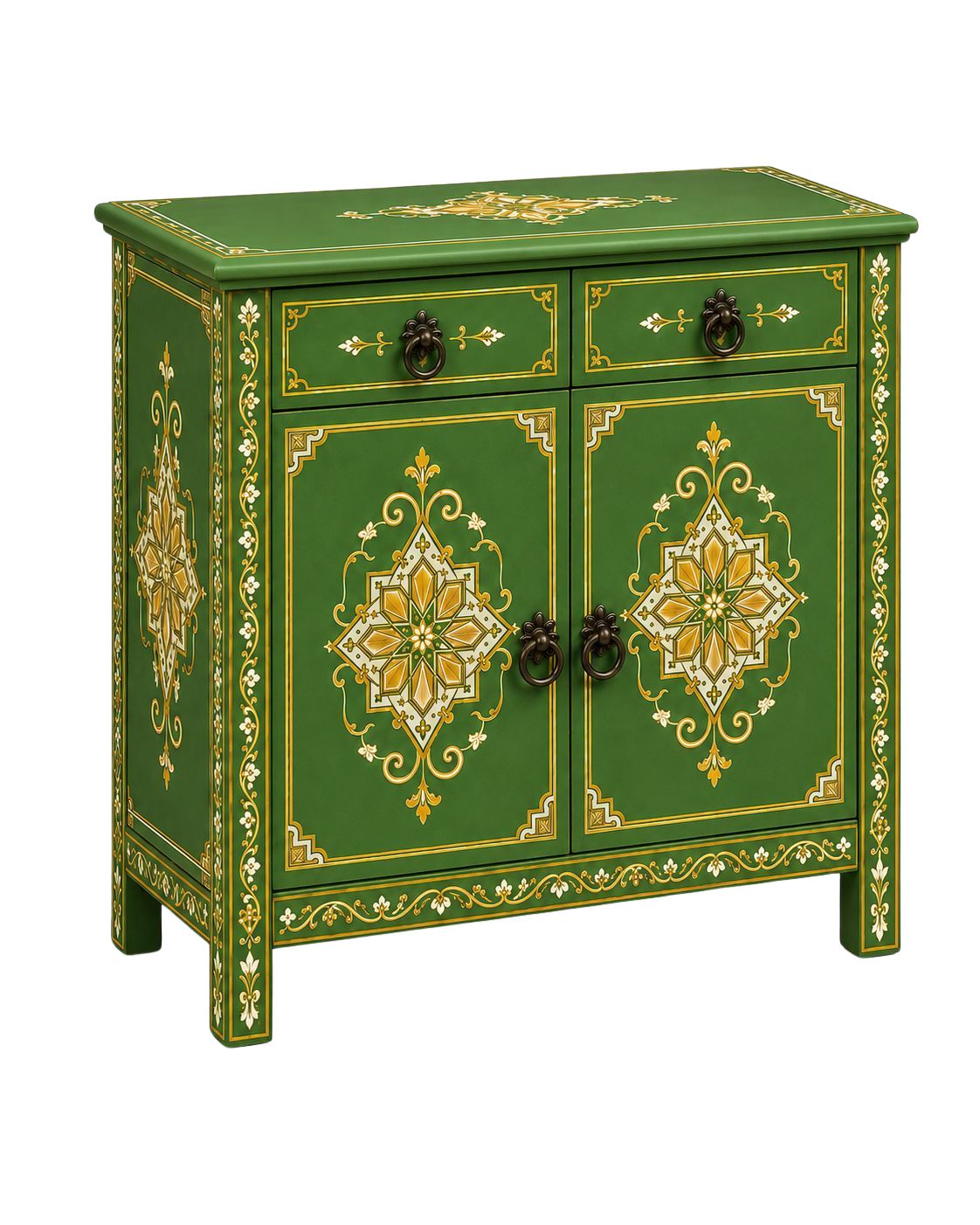Hand-painted green Moroccan cabinet with gold details and two drawers