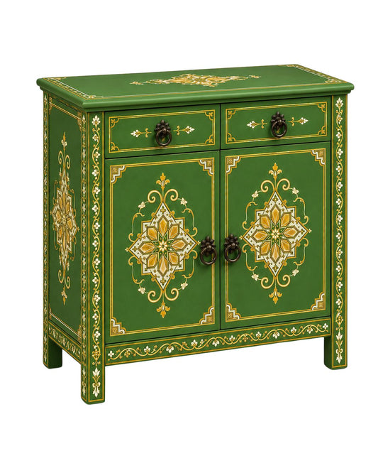 Hand-painted green Moroccan cabinet with gold details and two drawers