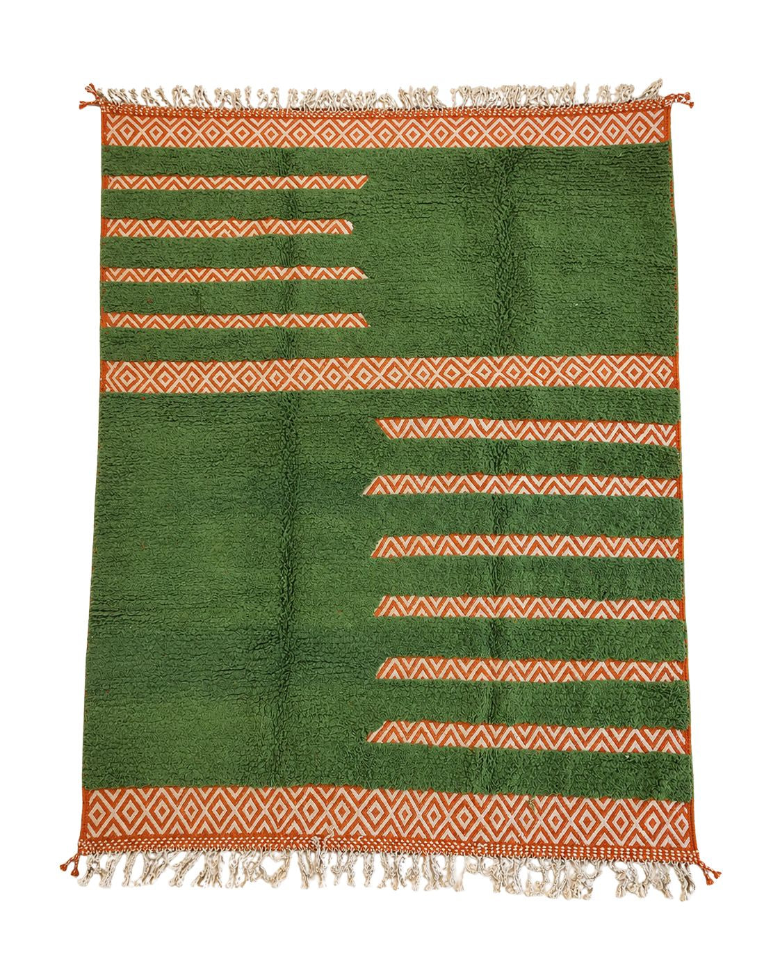 Handmade Moroccan rug with deep green field and terracotta geometric bands. 