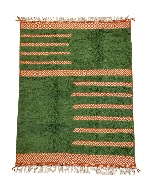 Handmade Moroccan rug with deep green field and terracotta geometric bands. 