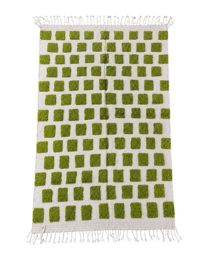 Handmade Moroccan wool rug featuring an olive green and cream checkered block pattern with braided fringes