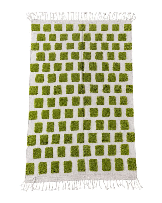 Handmade Moroccan wool rug featuring an olive green and cream checkered block pattern with braided fringes