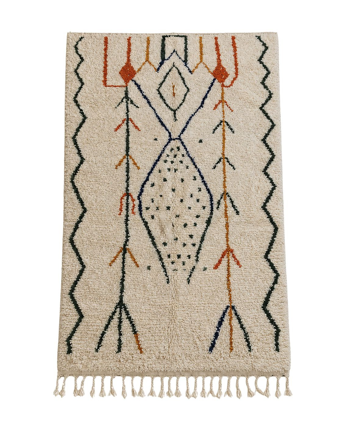Full overview of the rectangular handmade Moroccan wool rug displaying its ivory background and abstract geometric patterns 