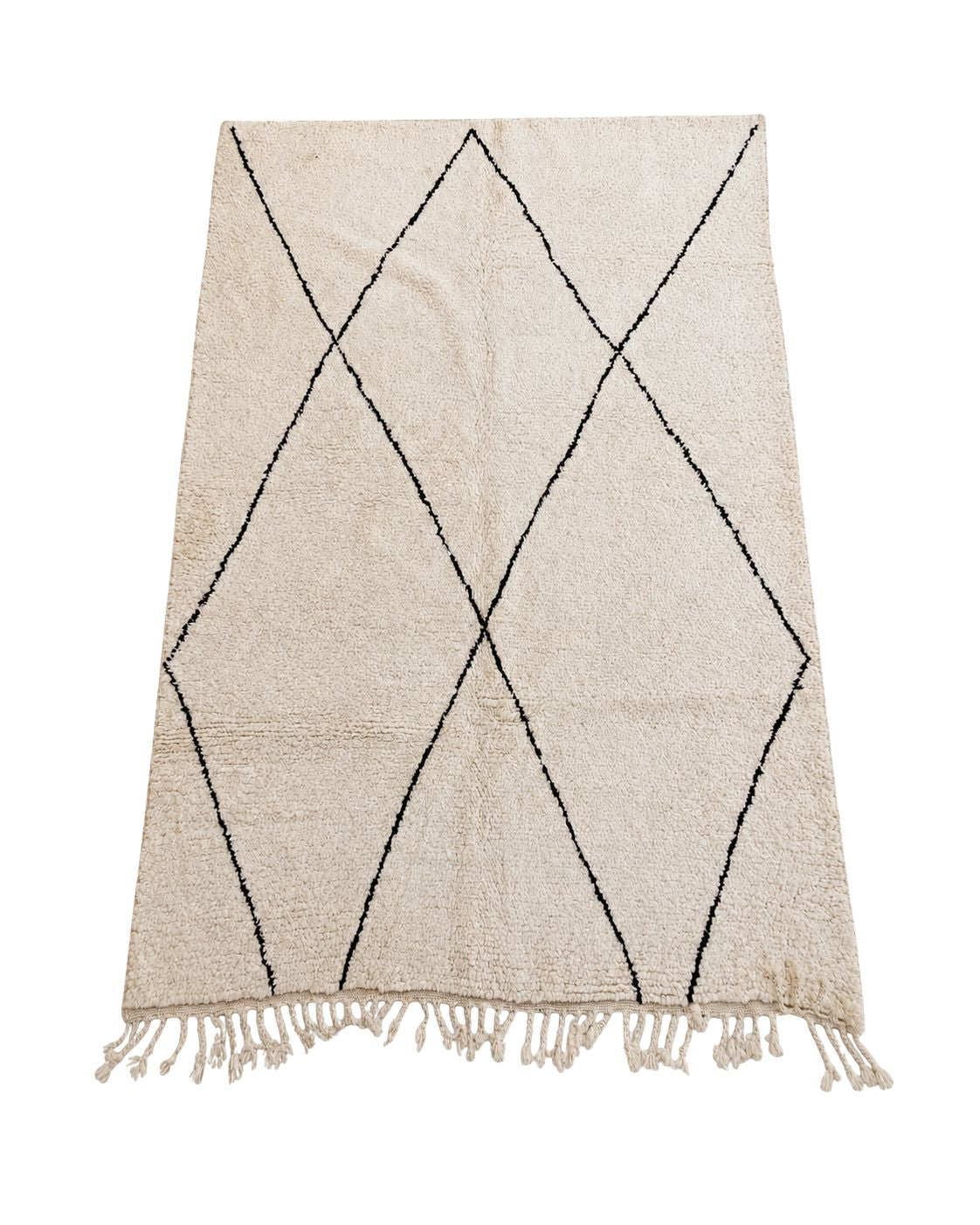 Ivory handmade Moroccan wool rug with thin black diamond lines and tassel fringe. 