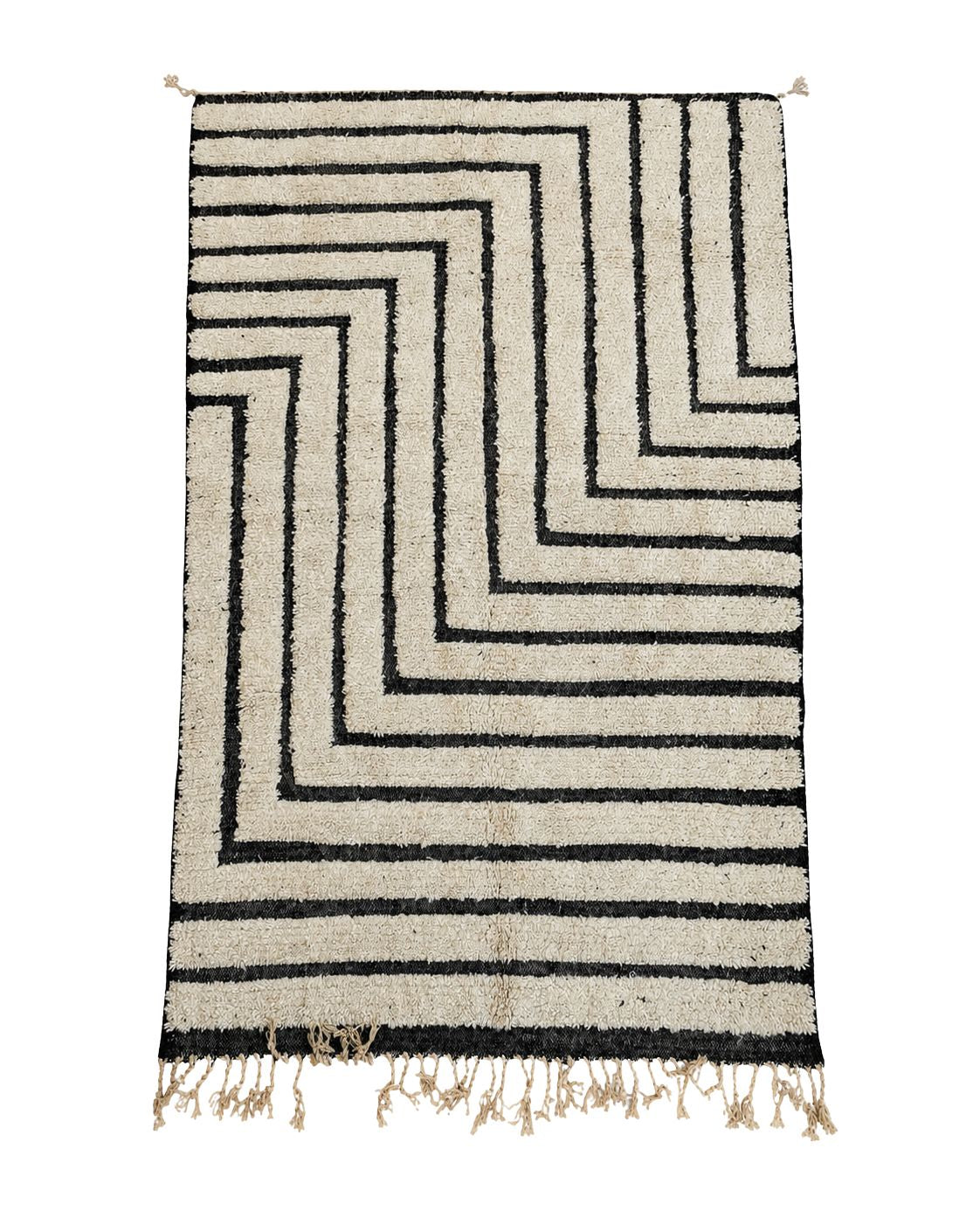 Ivory handmade Moroccan wool rug with bold black maze-style geometric lines. 