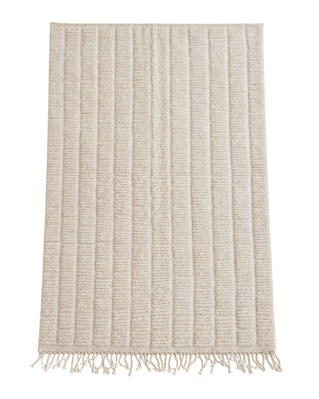 A direct top-down view of the rectangular handmade Moroccan wool rug showing its ivory base and vertical textured stripes