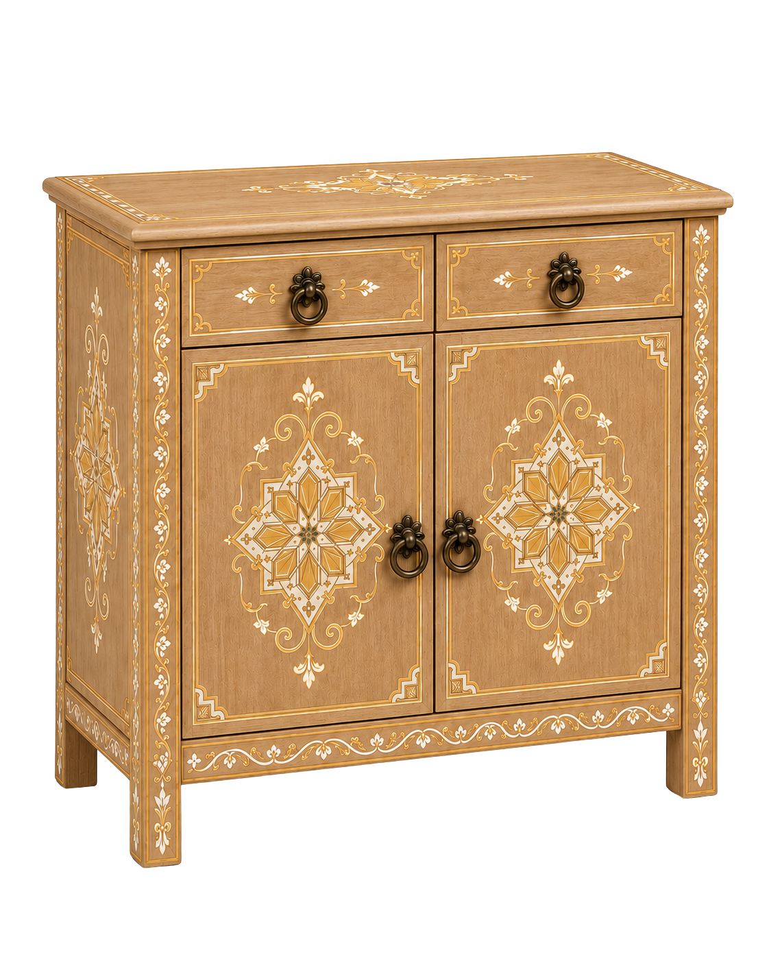 Natural wood Moroccan cabinet with gold hand-painted details