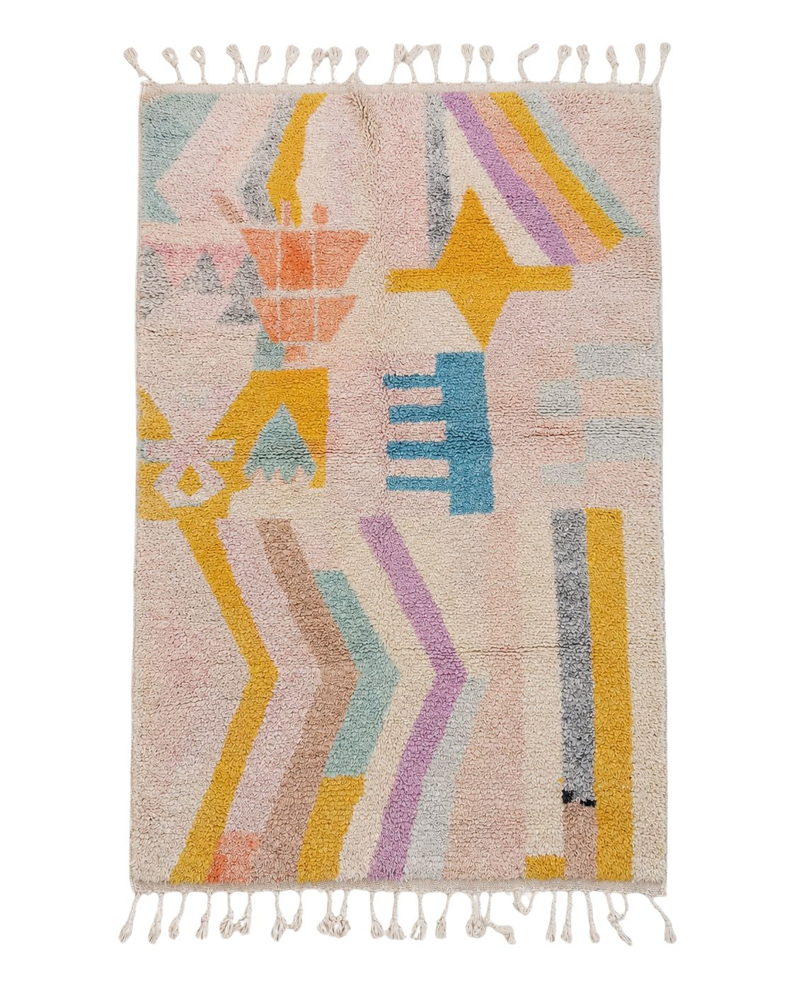 Handmade Moroccan abstract rug with pastel pink, mustard, blue and mint geometric motifs. 