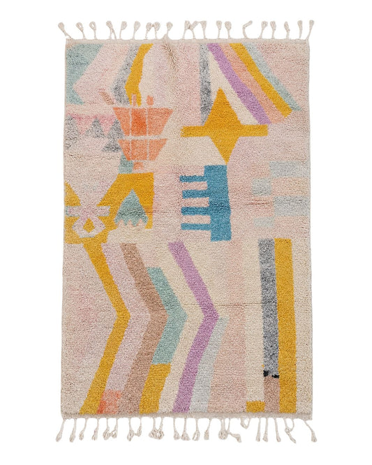 Handmade Moroccan abstract rug with pastel pink, mustard, blue and mint geometric motifs. 