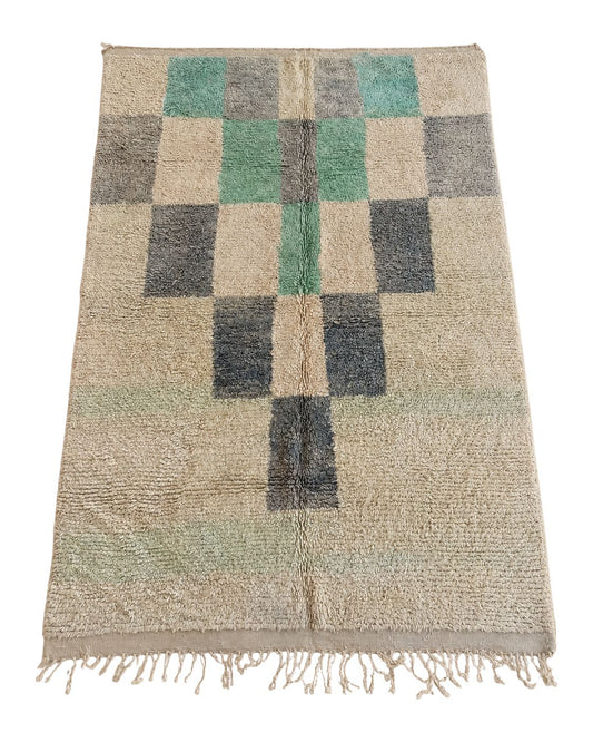 Vintage Moroccan wool rug with mint green, gray and ivory checkered blocks. 
