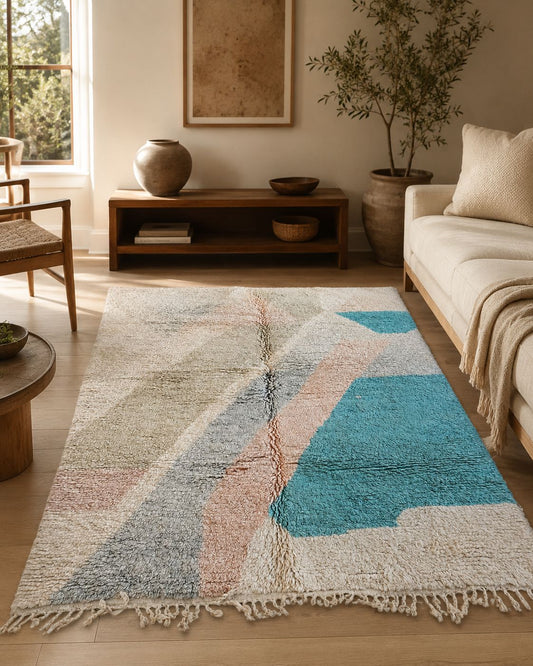 Abstract Moroccan wool rug styled in a warm modern living room. 