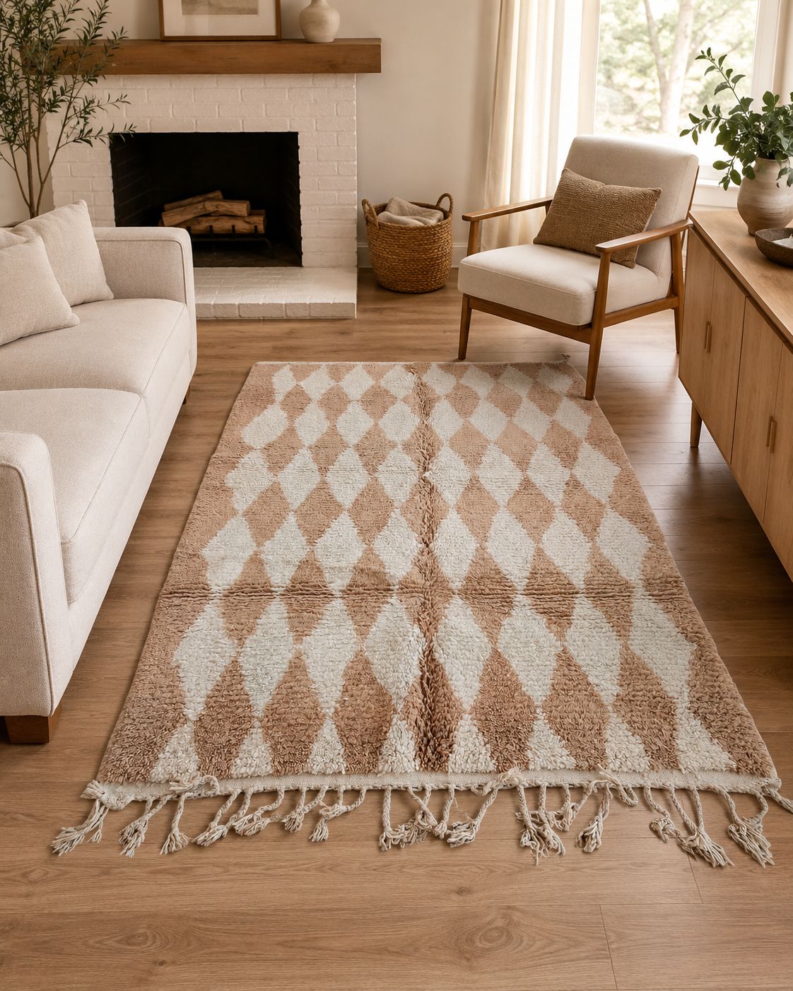 Neutral Moroccan diamond rug styled in a warm modern living room. 