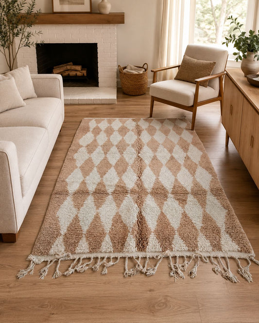 Neutral Moroccan diamond rug styled in a warm modern living room. 