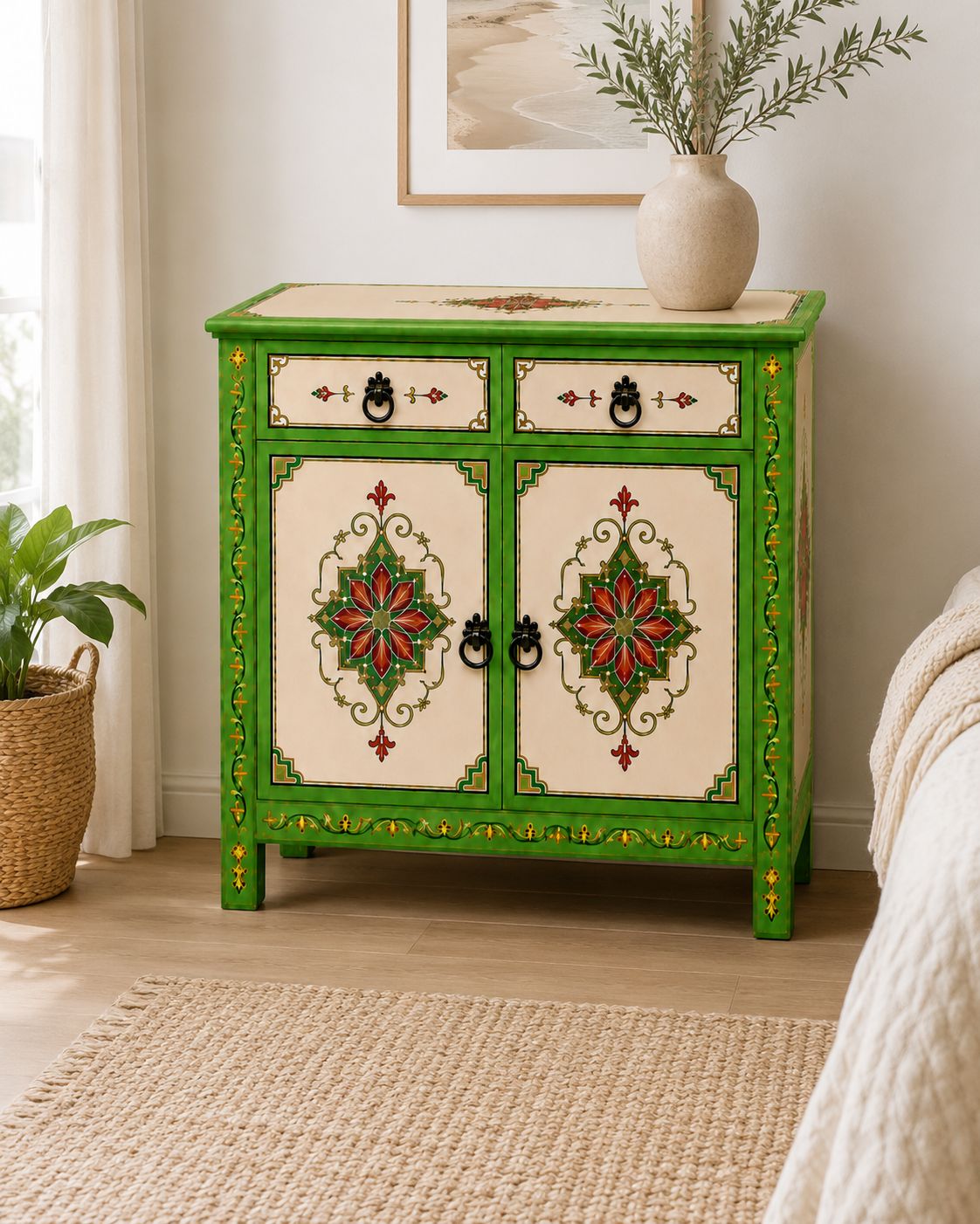 Green and cream Moroccan storage cabinet with two drawers