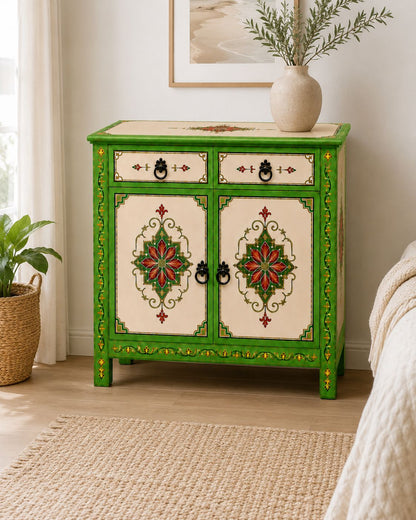 Green and cream Moroccan storage cabinet with two drawers