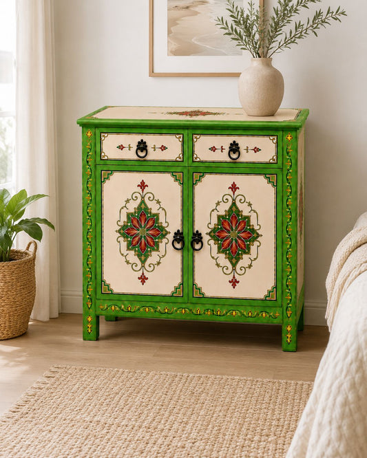 Green and cream Moroccan storage cabinet with two drawers