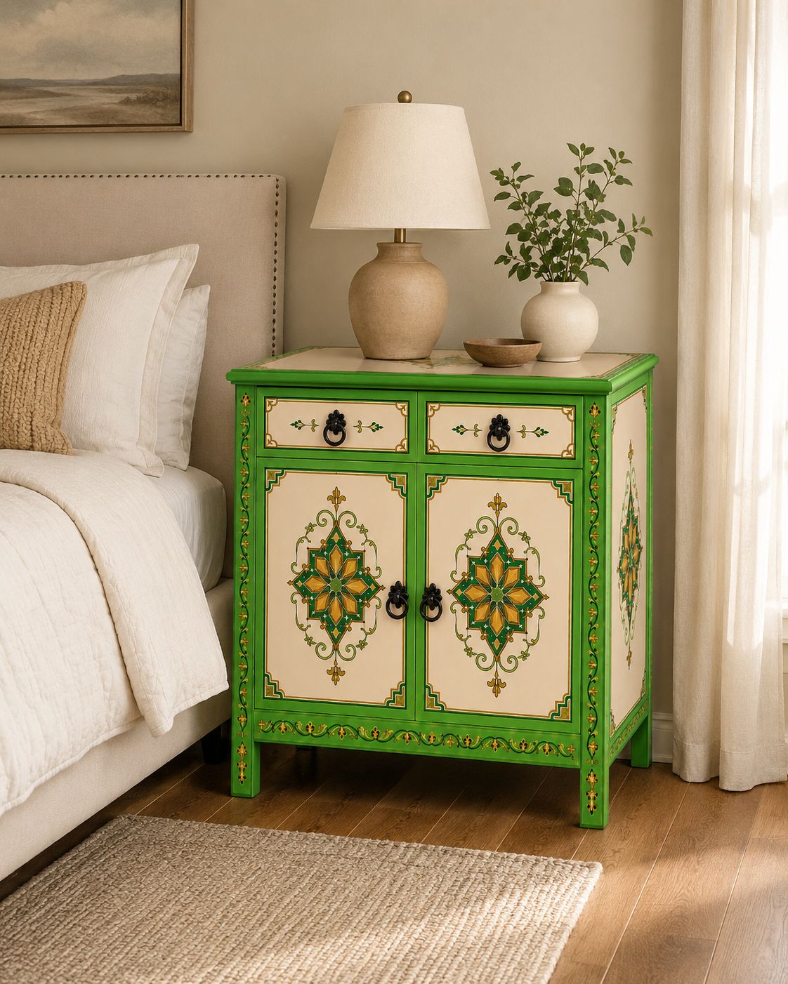 Green and cream Moroccan storage cabinet with two drawers