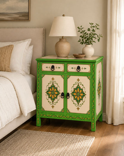 Green and cream Moroccan storage cabinet with two drawers