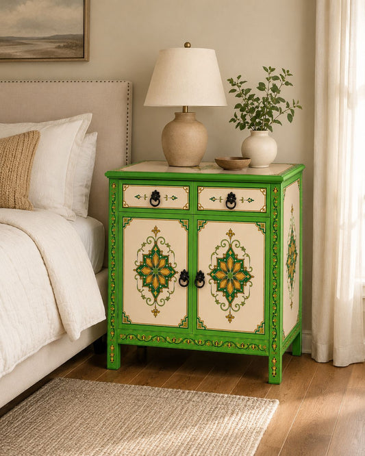 Green and cream Moroccan storage cabinet with two drawers