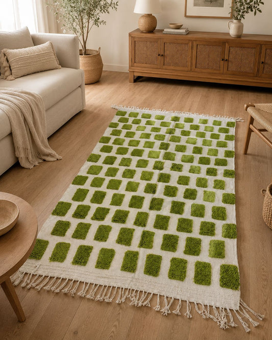 Textured green and cream Moroccan checkered rug styled centrally in a warm, modern bohemian living room setup.