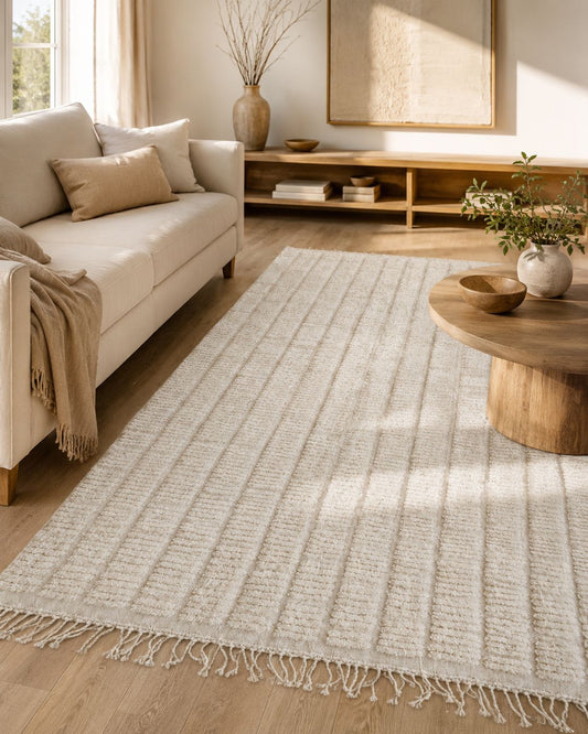 The minimalist ivory linear Moroccan rug arranged beneath a wooden coffee table in a sunlit bohemian living room setting.