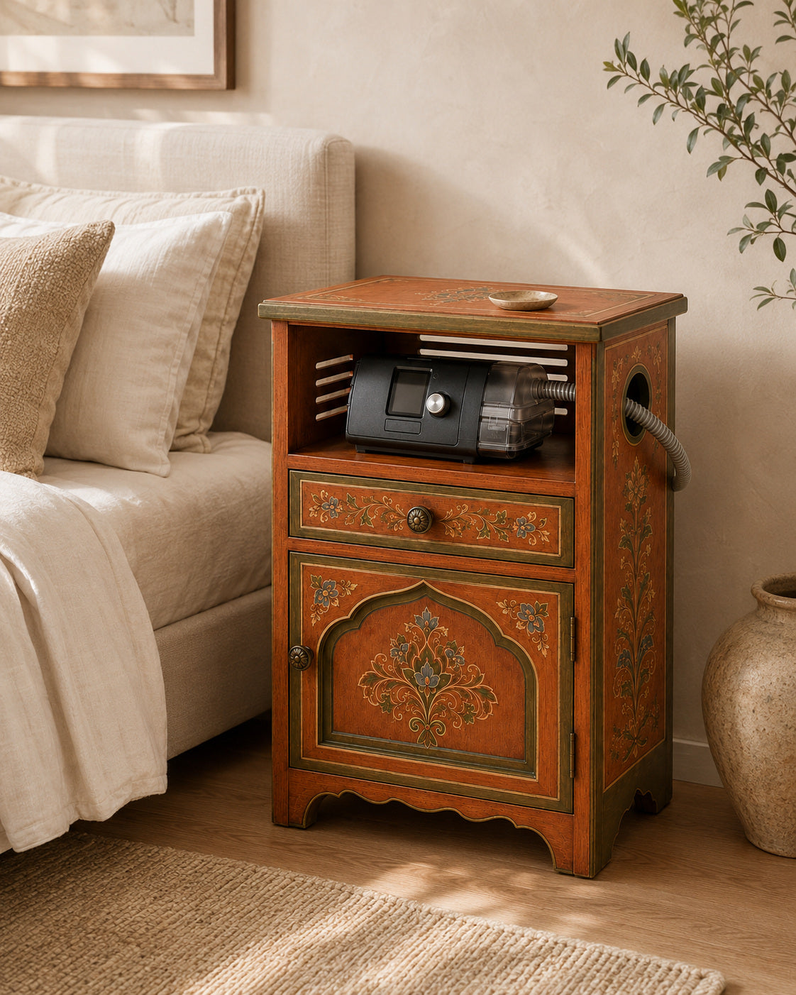 Hand-Painted Moroccan CPAP Nightstand with Storage & Hose Port