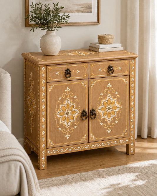 Handmade Moroccan wooden cabinet with two drawers and double doors