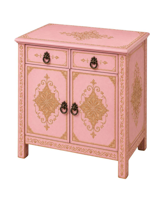 Hand-painted pink Moroccan cabinet with gold details and two drawers
