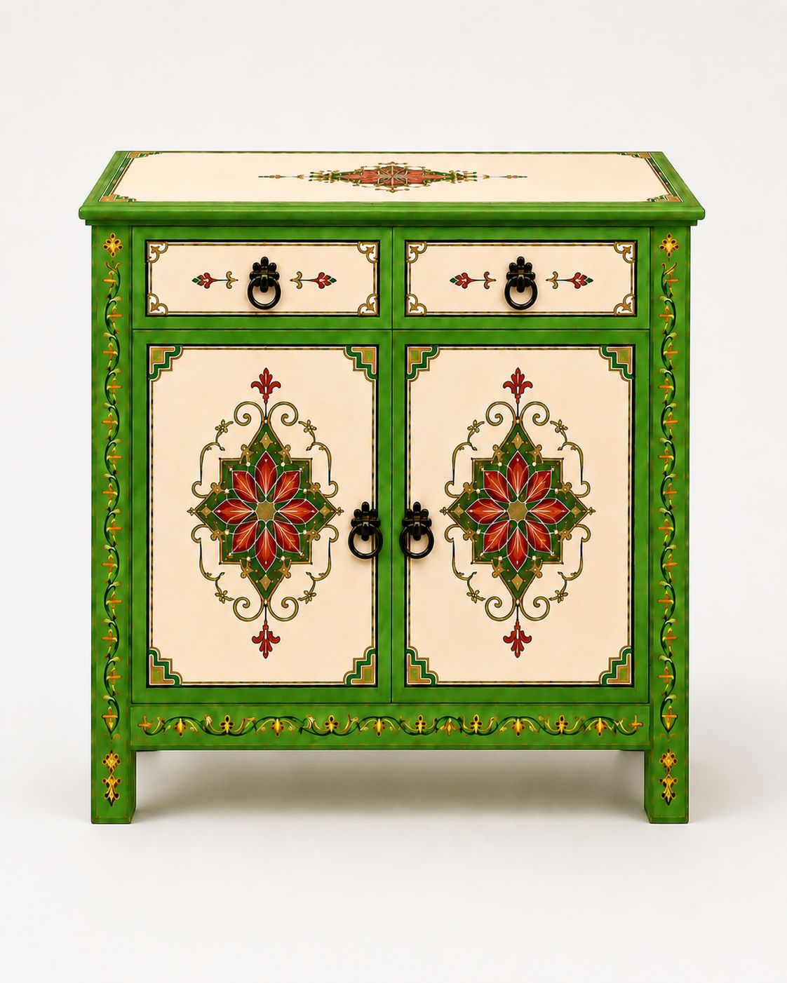 Handmade Moroccan sideboard with red medallions and ring pulls
